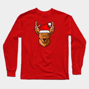 Funny Deer Head with Santa Cap Long Sleeve T-Shirt